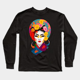 Colorful geisha head with flowers Long Sleeve T-Shirt